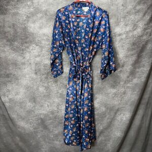 Vintage Intimate Affair Blue Floral Print Satin Robe Womens Size M Tie Belt